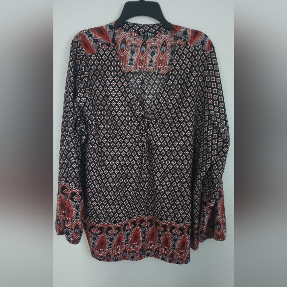 Time To Bloom Women's Bohemian Peasant Paisley Tunic Top Black Red 3X Pre-owned